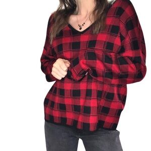 Natural Reflections Wo's L Plaid Pullover V Neck Sweater Sweatshirt Casual Red
